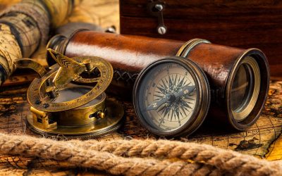 Old vintage compass and navigation instruments on ancient map
